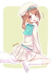 Rule 34 | 10s, 1girl, ^^^, beret, blush, bow, brown eyes, brown hair, cat, clothing aside, d:, error musume, girl holding a cat (kancolle), hair bow, hair ornament, hat, hiten (hitenkei), kantai collection, kneehighs, long sleeves, looking back, low twintails, no shoes, open mouth, outside border, panties, panties aside, personification, pleated skirt, sailor collar, school uniform, serafuku, short hair, short twintails, shoshinsha mark, sitting, skirt, socks, solo, twintails, twitter username, under skirt, underwear, wariza, wavy mouth, white panties, white skirt, white socks
