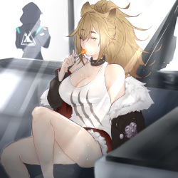 Rule 34 | 1girl, 1other, absurdres, animal ears, arknights, bare legs, bare shoulders, black collar, black jacket, black nails, blush, breasts, brown eyes, brown hair, candy, cleavage, collar, commentary, doctor (arknights), feet out of frame, food, from behind, fur-trimmed jacket, fur-trimmed shorts, fur trim, hand up, highres, holding, holding food, hood, hooded jacket, jacket, kyuu (8bitkyuu), large breasts, light rays, lion ears, lollipop, long hair, looking at viewer, nail polish, off shoulder, red shorts, short shorts, shorts, siege (arknights), sitting, sweat, tank top, thighs, white tank top