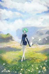 Rule 34 | 1other, :o, androgynous, black footwear, black necktie, black shorts, cliff, cloud, cloudy sky, collared shirt, crystal hair, dandelion, dandelion seed, day, detached sleeves, flower, flying paper, full body, gem uniform (houseki no kuni), grass, green eyes, green hair, highres, holding, holding paper, houseki no kuni, inaeda kei, long sleeves, looking at viewer, necktie, ocean, open mouth, outdoors, paper, phosphophyllite, puffy short sleeves, puffy sleeves, shirt, short hair, short shorts, short sleeves, shorts, sky, solo, standing, water, white shirt
