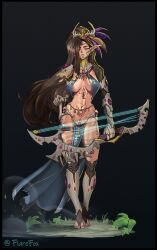 Rule 34 | 1girl, abs, barefoot, blue eyes, bow (weapon), breasts, brown hair, cleavage, earrings, eldar, elf, feather hair ornament, feathers, flarefox, hair ornament, highres, jewelry, large breasts, loincloth, long hair, necklace, pointy ears, skirt, solo, sword, tattoo, toned, warhammer 40k, weapon