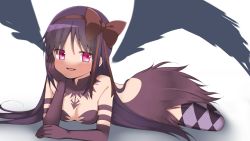 Rule 34 | 1girl, akemi homura, akuma homura, argyle, argyle clothes, argyle legwear, black collar, black gloves, black hair, blush, bow, collar, commentary request, detached collar, fur-trimmed collar, fur trim, gloves, hachusan111, hair bow, hand on own cheek, hand on own face, head rest, highres, long hair, looking at viewer, lying, magical girl, mahou shoujo madoka magica, mahou shoujo madoka magica: hangyaku no monogatari, on stomach, parted lips, red bow, shadow, simple background, smile, solo, thighhighs, white background, wings, zettai ryouiki