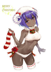Rule 34 | 1girl, bare shoulders, blush, breasts, cowboy shot, dark-skinned female, dark skin, fate/grand order, fate/prototype, fate/prototype: fragments of blue and silver, fate (series), hair between eyes, hassan of serenity (fate), hassan of serenity (merry sheep) (fate), hip focus, horns, looking at viewer, medium breasts, merry christmas, navel, open mouth, purple eyes, purple hair, ribbon-trimmed thighhighs, ribbon trim, seiru (prairie), sheep horns, short hair, simple background, smile, solo, thighhighs, thighs, underboob, white background, white thighhighs
