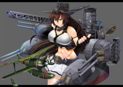 Rule 34 | 1girl, abs, artist name, bare shoulders, black gloves, breasts, brown eyes, brown hair, cleavage, elbow gloves, f1m, fairy (kancolle), fingerless gloves, gloves, grey background, hair between eyes, harumiya hiro, headgear, heterochromia, highres, kantai collection, large breasts, lifeboat, long hair, machinery, miniskirt, nagato (kancolle), pleated skirt, rigging, simple background, skirt, solo, turret, white skirt, yellow eyes