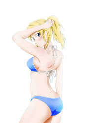 Rule 34 | 10s, 1girl, akou (phoenix777), ass, ayase eli, bikini, blonde hair, blue bikini, blush, breasts, from behind, grey eyes, highres, looking back, love live!, love live! school idol project, medium breasts, parted lips, ponytail, sideboob, smile, solo, swimsuit