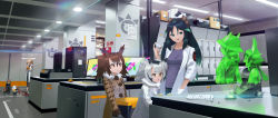 Rule 34 | 6+girls, animal ears, autism wanderer, bad id, bad pixiv id, before and after, bird ears, black gloves, black hair, blue eyes, blue shirt, blurry, blurry background, bow, brown coat, brown eyes, brown hair, closed mouth, coat, computer, depth of field, emblem, epaulettes, eurasian eagle owl (kemono friends), frown, fur collar, gloves, gradient hair, hair bow, hand in pocket, hat feather, head wings, helmet, highres, holding, hologram, indoors, japari symbol, kako (kemono friends), kemono friends, lab coat, lesser panda (kemono friends), long sleeves, mirai (kemono friends), monitor, multicolored hair, multiple girls, northern white-faced owl (kemono friends), open mouth, orange eyes, pith helmet, ponytail, serval (kemono friends), shirt, silver hair, smile, squatting, standing, two-tone hair, white bow, white coat, white gloves, wings