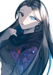 Rule 34 | 1girl, alternate hairstyle, animification, apex legends, black bodysuit, black hair, black scarf, blue eyes, blue hair, bodysuit, breasts, from side, highres, light smile, long hair, looking at viewer, medium breasts, multicolored hair, parted bangs, peso (honopesopeso), scarf, sketch, solo, streaked hair, upper body, white background, wraith (apex legends)