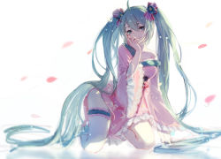 Rule 34 | 1girl, absurdly long hair, ahoge, aqua hair, cherry blossoms, garter straps, hair between eyes, hand on own hip, hatsune miku, kneeling, long hair, off shoulder, sketch, smile, solo, twintails, very long hair, vocaloid, white background, wide sleeves, you hashira