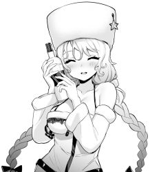 Rule 34 | 1girl, avrora (azur lane), azur lane, blush, bottle, bow, braid, closed eyes, collarbone, facing viewer, greyscale, hair bow, hat, holding, holding bottle, hori (hori no su), monochrome, parted lips, simple background, smile, solo, twin braids, upper body, white background