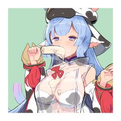 Rule 34 | 1girl, absurdres, animal ears, animal hood, animal print, blue hair, blush, breasts, catura (granblue fantasy), cleavage, commentary request, cow ears, cow print, denseitsunosupernanashi, earrings, food, gradient hair, granblue fantasy, green background, highres, hood, jewelry, large breasts, licking, long hair, long sleeves, multicolored eyes, multicolored hair, popsicle, purple eyes, purple hair, see-through, sexually suggestive, solo, very long hair, yellow eyes