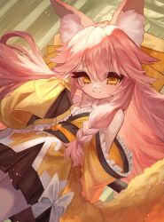 Rule 34 | 1girl, animal ear fluff, animal ears, bare shoulders, black skirt, bow, braid, breasts, fate/samurai remnant, fate (series), fox ears, fox girl, fox tail, hair between eyes, hair bow, japanese clothes, kimono, long hair, looking at viewer, m0 chi, obi, off shoulder, pink hair, sash, sidelocks, skirt, small breasts, smile, solo, tail, tamamo (fate), tamamo aria (fate), twintails, wide sleeves, yellow bow, yellow eyes, yellow kimono