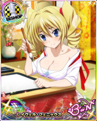 Rule 34 | 1girl, bare shoulders, bishop (chess), blonde hair, blue eyes, breasts, card (medium), chess piece, cleavage, female focus, hair between eyes, high school dxd, high school dxd born, japanese clothes, large breasts, ravel phenex, solo, tagme