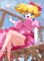 Rule 34 | 1girl, blonde hair, blue eyes, breasts, dooon chaaan, highres, large breasts, mario (series), nintendo, official alternate hairstyle, ponytail, princess peach, princess peach: showtime!, ribbon, solo