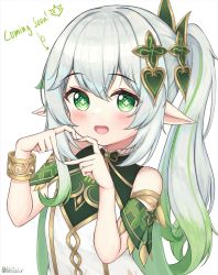 Rule 34 | 1girl, :d, bare shoulders, blush, bracer, colored tips, commentary, cross-shaped pupils, detached sleeves, dress, english text, genshin impact, gold trim, green eyes, green hair, hair ornament, hands up, heart, heart hands, highres, long hair, looking at viewer, multicolored hair, nahida (genshin impact), open mouth, pointy ears, resolution mismatch, short sleeves, side ponytail, sidelocks, sleeveless, sleeveless dress, smile, solo, source smaller, streaked hair, symbol-only commentary, symbol-shaped pupils, twitter username, two-tone hair, upper body, vellistix, white background, white dress, white hair