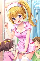 Rule 34 | absurdres, alternative girls, blonde hair, blush, breasts, cleavage, dress, highres, indoors, long hair, mizushima airi, nurse, official art, open mouth, pink dress, ponytail, purple eyes, short dress, solo focus, thermometer, watch, wristwatch