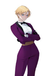 Rule 34 | 1girl, black gloves, blonde hair, blue eyes, bow, bowtie, crossed arms, dongho kang, earrings, gloves, high-waist pants, highres, jacket, jewelry, king (snk), pants, purple jacket, purple pants, reverse trap, ryuuko no ken, short hair, simple background, snk, solo, the king of fighters, white background