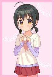 Rule 34 | 1girl, aged down, ahoge, black hair, blush, brown eyes, commentary request, expressionless, highres, idolmaster, idolmaster cinderella girls, index fingers together, kohinata miho, looking at viewer, shirt, short twintails, skirt, sleeves past wrists, solo, twintails, wgm oekaki