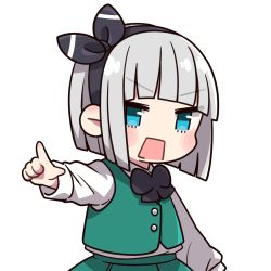 Rule 34 | 1girl, bob cut, commentary request, green vest, highres, konpaku youmu, long sleeves, open mouth, pointing, pointing at viewer, shirt, short hair, simple background, solo, touhou, vest, white background, white shirt, yamada sakura