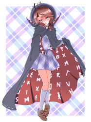 Rule 34 | 1girl, absurdres, bone vone, brown eyes, brown hair, cape, fedora, glasses, hat, highres, long sleeves, looking at viewer, outside border, plaid, plaid background, ribbon, shoes, skirt, solo, touhou, twintails, usami sumireko, vest
