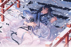 Rule 34 | 1boy, absurdres, artist name, black hair, blue dress, chinese clothes, dress, hand fan, hand in own hair, highres, holding, holding fan, long hair, long sleeves, looking at viewer, lying, original, pants, see-through, snow, snowflakes, snowing, stairs, transparent, tumeii, white pants