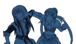 Rule 34 | 00s, 1boy, 1girl, blue theme, bracelet, crosscounter, dorado55, face punch, gloves, in the face, jewelry, judith (tales), long hair, monochrome, pointy ears, punching, simple background, smile, tales of (series), tales of vesperia, white background, yuri lowell