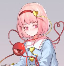 Rule 34 | 1girl, blue shirt, blush, breasts, commentary, frilled shirt collar, frills, grey background, hair ornament, hairband, heart, heart hair ornament, heart of string, heoningu, komeiji satori, long sleeves, looking at viewer, pink eyes, pink hair, red hairband, ribbon-trimmed collar, ribbon trim, shirt, short hair, simple background, small breasts, solo, symbol-only commentary, third eye, touhou, upper body