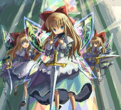 Rule 34 | 1girl, blonde hair, blue eyes, bow, chain, doll joints, fairy wings, female focus, hair bow, hakkotsu shitai, joints, shanghai doll, solo, sword, touhou, weapon, wings