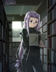 Rule 34 | 00s, 1girl, book, bookshelf, fate/stay night, fate (series), long hair, low-tied long hair, medusa (fate), medusa (rider) (fate), official alternate costume, open book, reading, solo, square pupils, very long hair