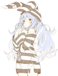 1girl, abara heiki, animal ears, bangs, blue hair, bunny ears, chains, commentary, cowboy shot, cuffs, dress, empty eyes, frown, hair between eyes, hat, highres, hololive, long hair, long sleeves, messy hair, multicolored hair, official alternate costume, prison clothes, red eyes, shackles, simple background, solo, striped, striped dress, striped headwear, torn clothes, torn dress, twintails, two-tone hair, usada pekora, virtual youtuber, white background, white hair