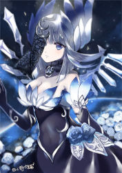 Rule 34 | 1girl, bare shoulders, black dress, black gloves, blue eyes, blue flower, blue rose, breasts, cleavage, commentary request, dress, elbow gloves, flower, gloves, hair between eyes, looking at viewer, lunacats, medium breasts, one eye closed, parted lips, puzzle &amp; dragons, reeche (p&amp;d), rose, silver hair, solo, strapless, strapless dress, white flower, white rose, wings