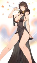 Rule 34 | 1girl, absurdres, ahoge, armlet, bad id, bad pixiv id, bare legs, bare shoulders, black dress, black hair, breasts, champagne flute, cleavage, collar, covered erect nipples, covered navel, cup, dress, drinking glass, dsr-50 (girls&#039; frontline), dsr-50 (highest bid) (girls&#039; frontline), girls&#039; frontline, halter dress, halterneck, highres, holding, holding cup, large breasts, long hair, looking at viewer, no bra, official alternate costume, parted lips, pelvic curtain, pouring, pouring onto self, red eyes, sitting, sleeveless, sleeveless dress, solo, spaghetti strap, stool, strap gap, thighs, wangjook (wj)