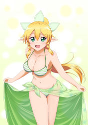 Rule 34 | 1girl, absurdres, bikini, blonde hair, braid, breasts, cleavage, collarbone, cowboy shot, green bikini, green eyes, highres, ken-ji, large breasts, leafa, leaning forward, long hair, looking at viewer, navel, open mouth, pointy ears, ponytail, sarong, simple background, smile, solo, standing, striped bikini, striped clothes, swimsuit, sword art online, twin braids, very long hair, white background