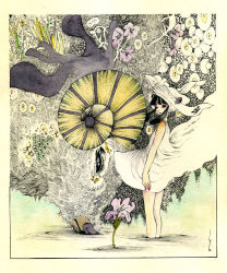 Rule 34 | 1girl, animal, circe (ninichakin), dress, female focus, flower, horns, original, plant, solo