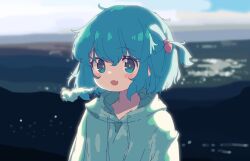 Rule 34 | aoi tori, aqua eyes, aqua hair, blue hoodie, blurry, blurry background, blush stickers, breath, fang, highres, hood, hoodie, looking at viewer, one side up, open mouth, original, skin fang, upper body