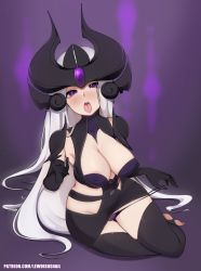 Rule 34 | areola slip, breasts, highres, league of legends, lewdishsnail, panties, panty pull, solo, syndra, thighhighs, tongue, tongue out, underwear, watermark, web address