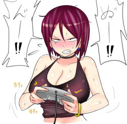 Rule 34 | !, !!, !?, 1girl, angry, bangle, bare shoulders, blush, bracelet, breasts, choker, cleavage, controller, earrings, game controller, holding, holding controller, holding game controller, japanese text, jewelry, large breasts, okyou, playing games, short hair, snk, solo, speech bubble, spoken blush, spoken exclamation mark, spoken interrobang, sweat, tank top, teeth, the king of fighters, upper body, whip (kof), white background