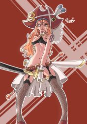 Rule 34 | 1girl, absurdres, breasts, clima-tact, curvy, female focus, gloves, hand on own hip, hat, highres, large breasts, looking at viewer, midriff, nami (one piece), naughty face, navel, official alternate costume, one piece, one piece film: red, orange eyes, orange hair, pirate costume, pirate hat, smile, solo, sword, thighhighs, underboob, weapon
