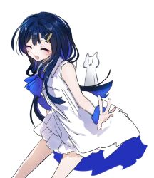 Rule 34 | 1girl, black hair, blue dress, blue hair, blue ribbon, blush, brooch, cevio, character request, closed eyes, collared dress, colored inner hair, commentary, cowboy shot, dress, facing viewer, floating hair, futaba minato, gradient neck ribbon, hair ornament, hairclip, highres, ishitsuki ( 0101 831), jewelry, layered dress, long hair, multicolored hair, open mouth, ribbon, scrunchie, simple background, sleeveless, sleeveless dress, smile, two-tone dress, white background, white dress, wrist scrunchie
