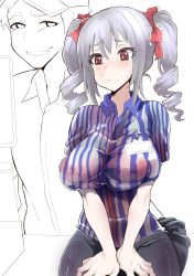 Rule 34 | 10s, 1boy, 1girl, absurdres, ass grab, bad id, bad pixiv id, blush, breasts, clothes lift, drill hair, employee uniform, groping, hetero, highres, idolmaster, idolmaster cinderella girls, kanzaki ranko, large breasts, lawson, long hair, naughty face, out of frame, red eyes, silver hair, skirt, skirt lift, solo focus, striped, twin drills, twintails, unfinished, uniform, wwwazxc