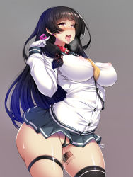 Rule 34 | 10s, 1girl, :p, barcode, barcode tattoo, black hair, black thighhighs, blush, breasts, collar, gloves, grey background, highres, isokaze (kancolle), kantai collection, large breasts, leash, long hair, mind control, nipples, pussy juice, raised eyebrows, simple background, skindentation, skirt, slave tattoo, solo, tattoo, thighhighs, thighs, tongue, tongue out, torisan, very long hair