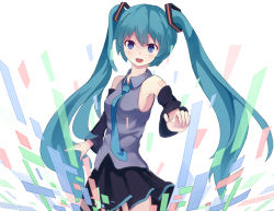Rule 34 | 1girl, :d, aqua hair, bad id, bad pixiv id, blue eyes, detached sleeves, hair ornament, hatsune miku, leaning back, long hair, looking at viewer, necktie, open mouth, patisurotto, pleated skirt, skirt, smile, solo, twintails, vocaloid, wind