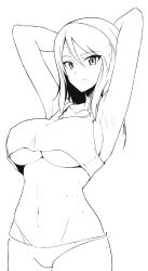 Rule 34 | 1girl, armpits, arms behind head, arms up, breasts, collarbone, covered erect nipples, cowboy shot, crop top, girls und panzer, greyscale, hair between eyes, halcon, highres, large breasts, long hair, looking at viewer, midriff, mika (girls und panzer), monochrome, navel, sideboob, simple background, smile, solo, sweat, underboob, white background