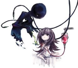 Rule 34 | 1girl, cable, cardiogram, crying, deemo, deemo (character), dissolving, fuku (huku m), full body, girl (deemo), hands on own chest, intravenous drip, looking up, pulses (deemo), sitting