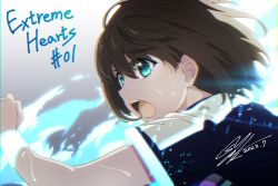 Rule 34 | 1girl, blue eyes, brown hair, close-up, commentary request, copyright name, dated, extreme hearts, hayama hiyori, highres, kawakami shuuichi, official art, open mouth, promotional art, short hair, short sleeves, signature, solo, sportswear