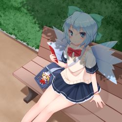 Rule 34 | 1girl, alternate costume, bag, bench, blue eyes, blue hair, blue skirt, blush, bow, bowtie, bracelet, cellphone, character charm, character doll, charm (object), cirno, commentary request, feet out of frame, flandre scarlet, frilled skirt, frills, from above, hair between eyes, hair ribbon, hedge, highres, holding, holding phone, jewelry, looking at viewer, on bench, outstretched legs, phone, pleated skirt, red bow, red bowtie, ribbon, satoru (enheionline), school bag, school uniform, shadow, shirt, short hair, sitting, skirt, sleeve cuffs, smartphone, smirk, solo, sweater vest, touhou, transparent wings, uniform, white shirt, wings