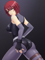 Rule 34 | 1girl, abu, ass, bare shoulders, belt, black background, black gloves, black leotard, bodysuit, breasts, capcom, commentary request, commission, dino crisis, fingerless gloves, from side, gloves, gradient background, hand on own ass, hand on own thigh, leotard, lips, looking at viewer, medium breasts, parted lips, red eyes, red hair, regina (dino crisis), shiny clothes, shiny skin, short hair, sideboob, simple background, skeb commission, skin tight, skindentation, sleeveless, solo, thigh strap, thighs, turtleneck, turtleneck bodysuit