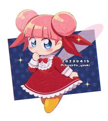 Rule 34 | 1girl, alternate hairstyle, artist name, blue background, blue eyes, blunt ends, blush, bow, bowtie, buttons, chousen yuuki, closed mouth, commentary request, dated, double bun, dress, hair bun, hair ornament, hair ribbon, hand up, kirby (series), long sleeves, looking at viewer, nintendo, pink hair, red bow, red bowtie, red dress, red ribbon, ribbon, ribbon (kirby), signature, simple background, smile, solo, sparkle, sparkling eyes, twitter username, white background