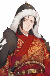 Rule 34 | 1boy, axis powers hetalia, belt, black cape, black hair, braid, bright pupils, brown belt, brown eyes, cape, china (hetalia), closed mouth, dagger, daligaoxin163, dragon, dragon print, earrings, eastern dragon, expressionless, fur-trimmed cape, fur-trimmed hood, fur trim, gold trim, grey eyes, highres, hood, hood up, hooded cape, japanese clothes, jewelry, kimono, knife, looking to the side, male focus, medium hair, red kimono, sheath, sheathed, sidelocks, simple background, solo, sphere earrings, upper body, weapon, white background, white pupils