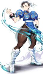 Rule 34 | 1girl, artist name, black pantyhose, blue dress, boots, bracelet, breasts, brown eyes, brown hair, bun cover, capcom, china dress, chinese clothes, chun-li, closed mouth, combat boots, commentary, commission, cross-laced footwear, double bun, dress, earrings, fingernails, full body, gold trim, hair bun, hair ornament, hand on own hip, hand up, highleg, highres, jewelry, knee boots, koda1ra, lace-up boots, legs apart, leotard, leotard under clothes, light blush, looking away, medium breasts, pantyhose, pelvic curtain, puffy short sleeves, puffy sleeves, sash, short sleeves, signature, simple background, skeb commission, skin tight, solo, spiked bracelet, spikes, standing, street fighter, street fighter ii (series), thick thighs, thighs, turtleneck, turtleneck dress, watermark, white background, white footwear, white sash