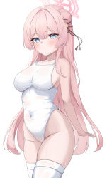 Rule 34 | 1girl, absurdres, bare arms, bare shoulders, blue archive, blue eyes, blush, breasts, closed mouth, collarbone, covered navel, cowboy shot, groin, halo, highres, large breasts, long hair, mimori (blue archive), one-piece swimsuit, pink hair, pink halo, school swimsuit, simple background, sisong, skindentation, solo, swimsuit, thighhighs, white background, white one-piece swimsuit, white thighhighs