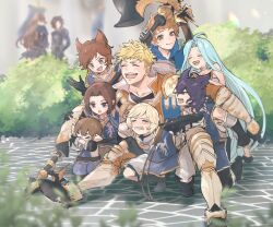 1girl 6+boys ahoge animal_ears armor arthur_(granblue_fantasy) axe black_gloves black_hair blonde_hair blue_hair blue_hoodie breastplate brown_eyes brown_hair closed_eyes cruz_(granblue_fantasy) dress erune gauntlets gloves gran_(granblue_fantasy) granblue_fantasy harvin henry_(granblue_fantasy) highres hood hoodie lancelot_(granblue_fantasy) long_hair lyria_(granblue_fantasy) mordred_(granblue_fantasy) multiple_boys muscular muscular_male noichi_gr open_mouth order_of_the_white_dragon_uniform pointy_ears red_eyes short_hair siegfried_(granblue_fantasy) smile tornelio_(granblue_fantasy) undercut vane_(granblue_fantasy) very_long_hair white_dress